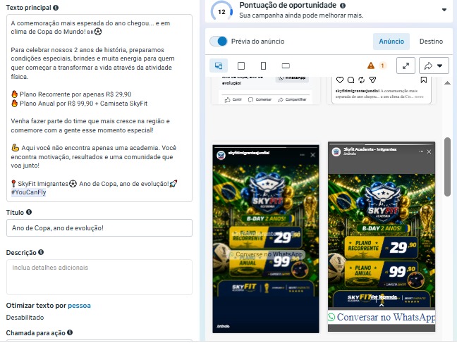 Print do anúncio ativo da SkyFit no gerenciador de anúncios, com texto, preço e prévia do criativo.
