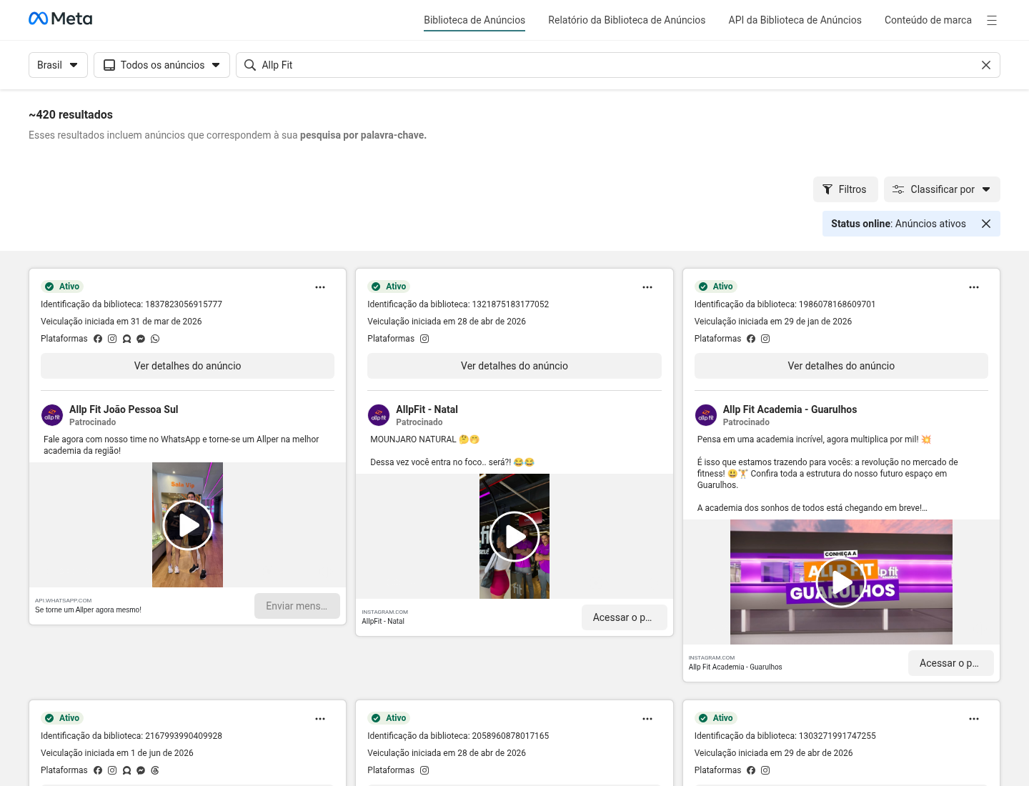 Biblioteca de anúncios da Allp Fit com cards ativos.