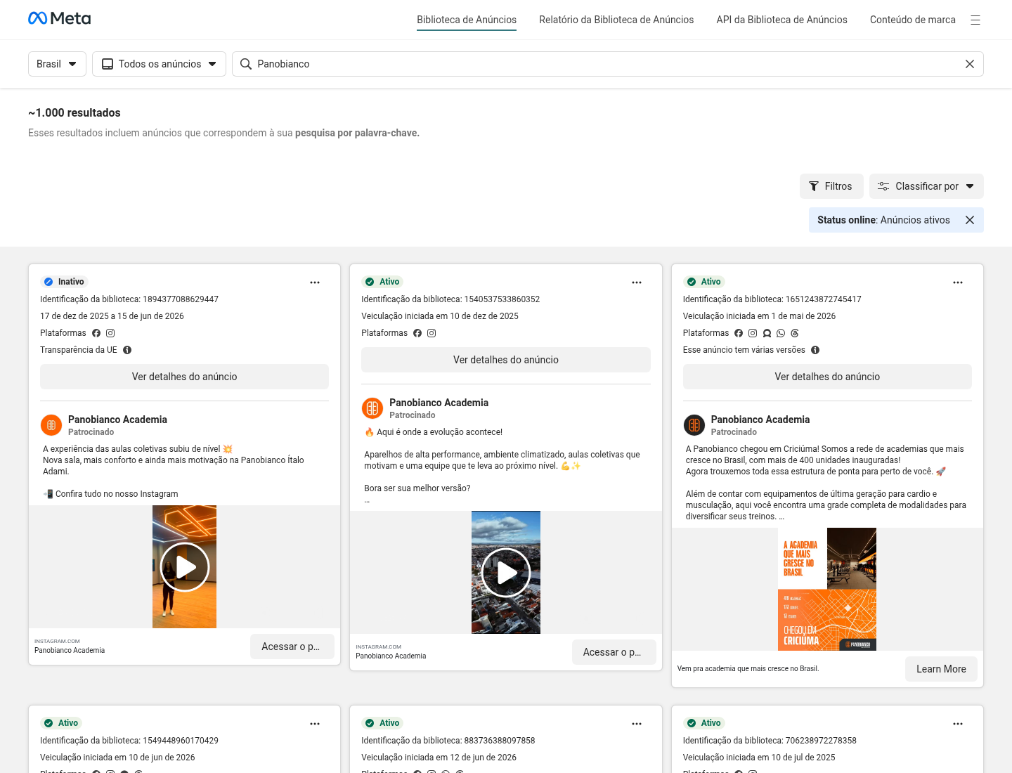 Biblioteca de anúncios da Panobianco com cards ativos.