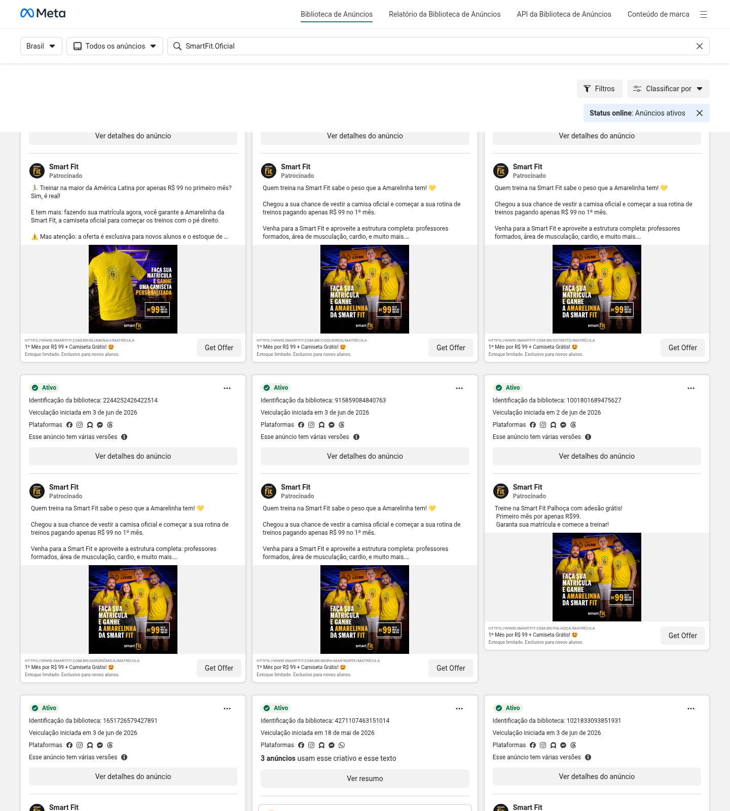 Anúncios ativos da Smart Fit na Meta Ads Library com campanha da Amarelinha e oferta de primeiro mês.